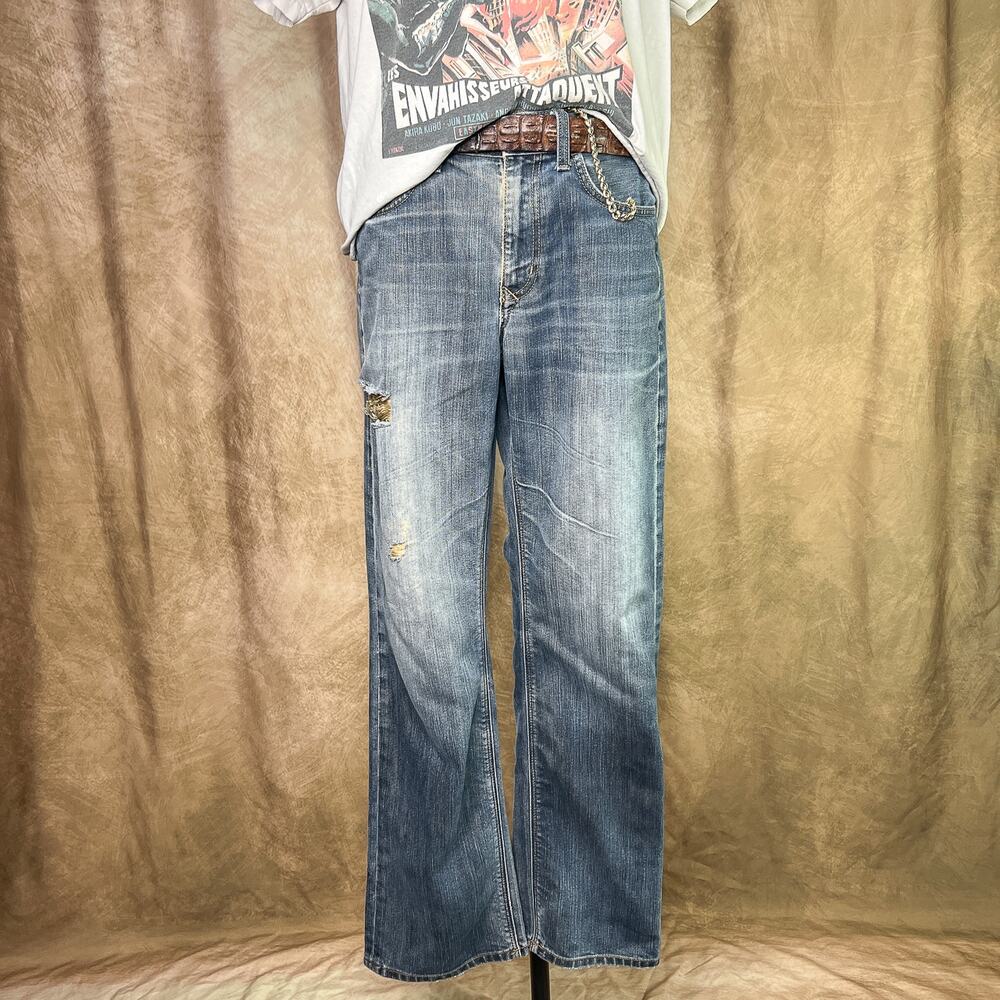 Y2K Indie Skater Jeans Faded Blue Denim Ripped Distressed Straight Leg 2000s